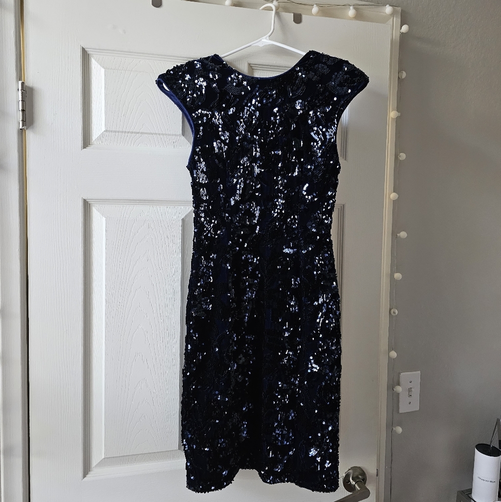 Little Mistress Velvet Sequin Pencil Dress in Navy